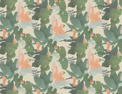 Tropical leaves and colorful parrots wall mural on the beige background