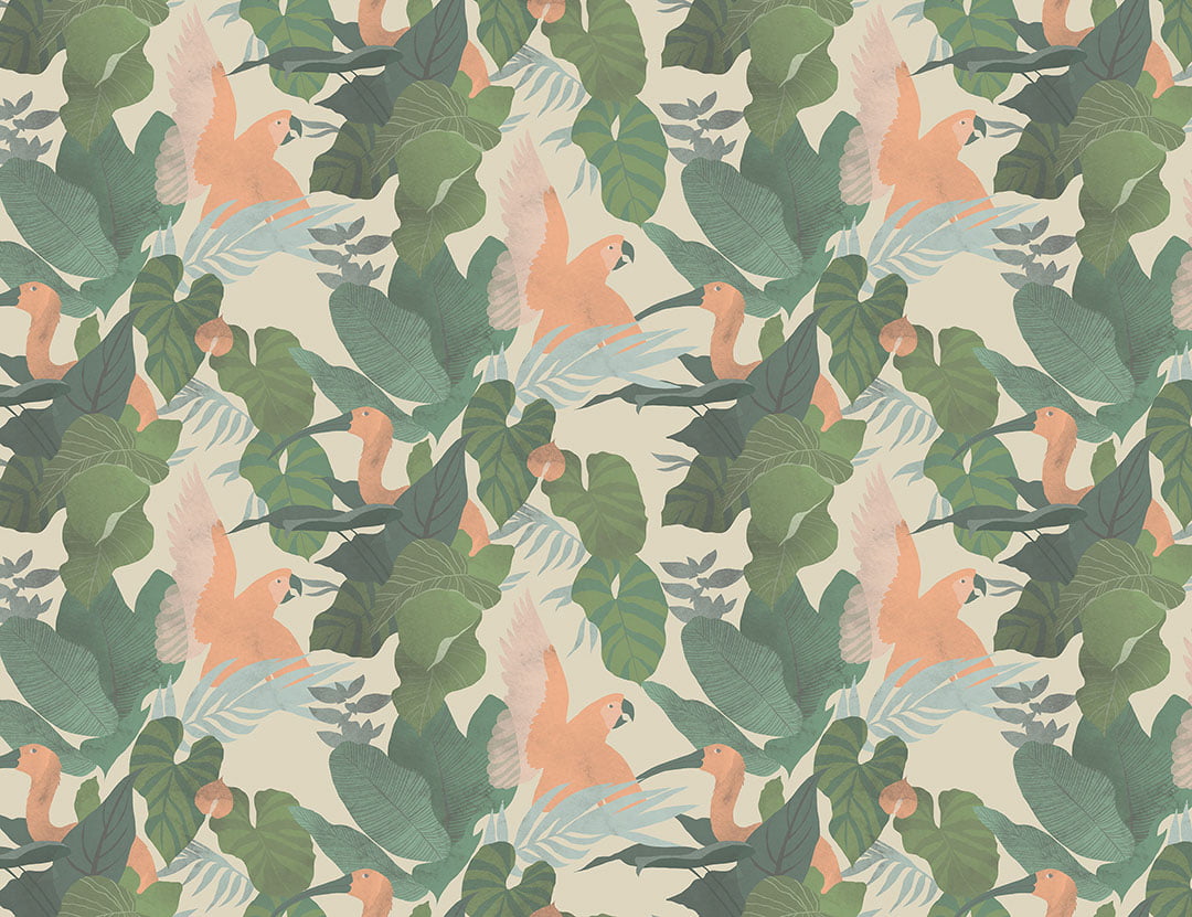 Tropical leaves and colorful parrots wall mural on the beige background