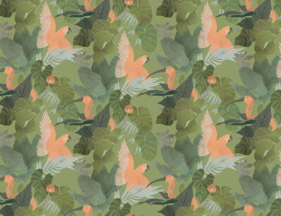 Tropical leaves and colorful parrots wall mural on the minty background