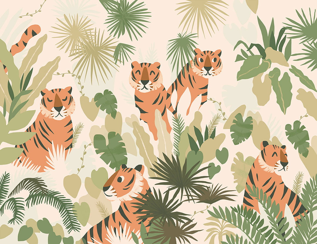 Orange tigers in the tropics kids wall mural