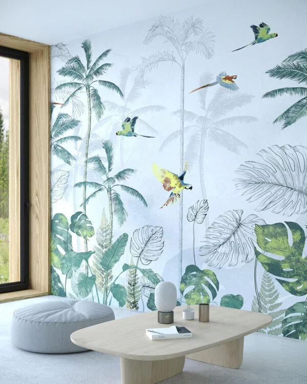 Wall mural for the living room with tropical jungle and colorful birds