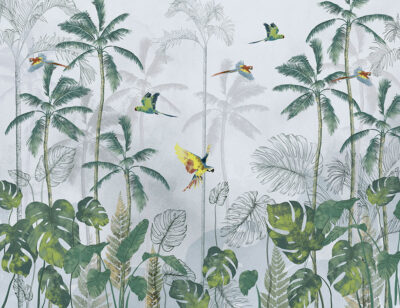 Tropical jungle wall mural with colorful birds