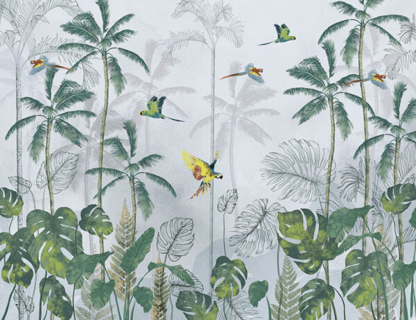 Tropical jungle wall mural with colorful birds