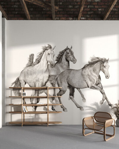 Detailed hand-drawn horses wall mural for the living room