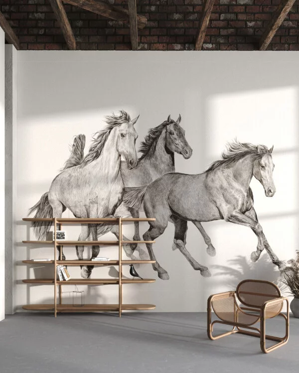 Detailed hand-drawn horses wall mural for the living room