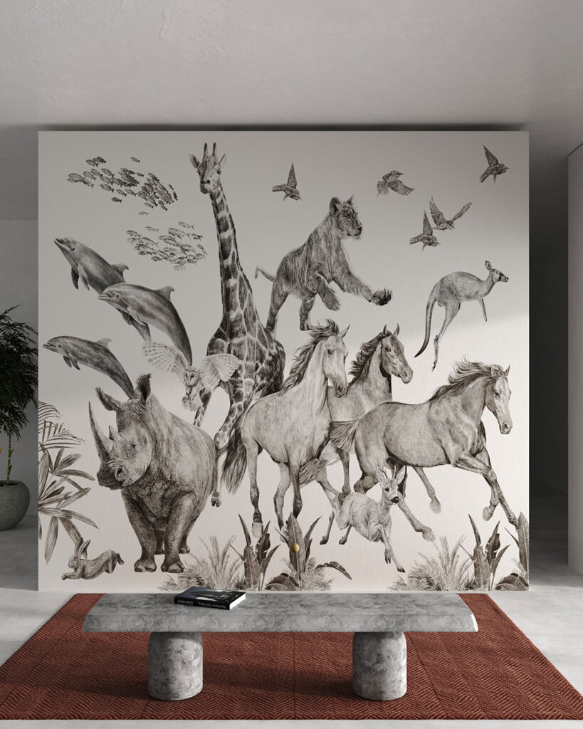 Noah’s ark with giraffes, dolphins, horses and other animals wall mural for the living room