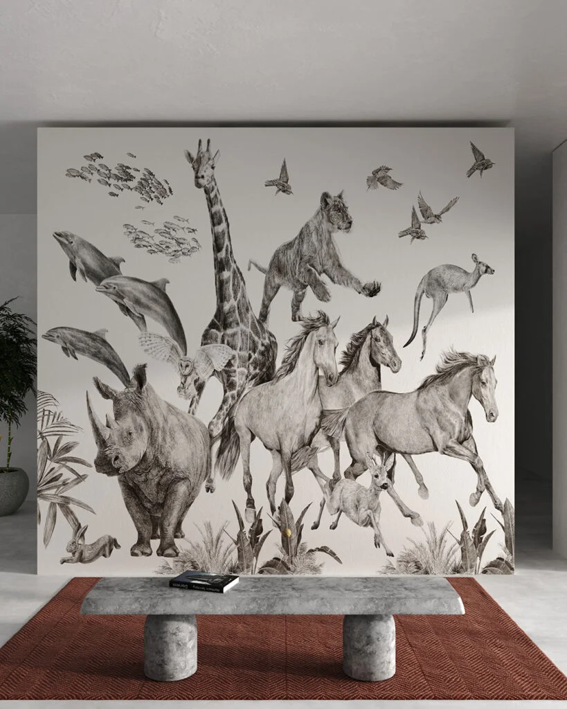 Wall Mural Noah for the living room - kith2kin.com Noah’s ark with giraffes, dolphins, horses and other animals wall mural for the living room