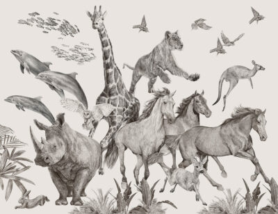 Noah’s ark with giraffes, dolphins, horses and other animals wall mural