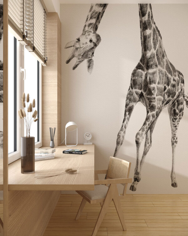 Hand-drawn detailed giraffe wall mural in monochrome for a children's room