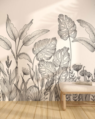 Hand-drawn tropical plants wall mural in black and white for the living room