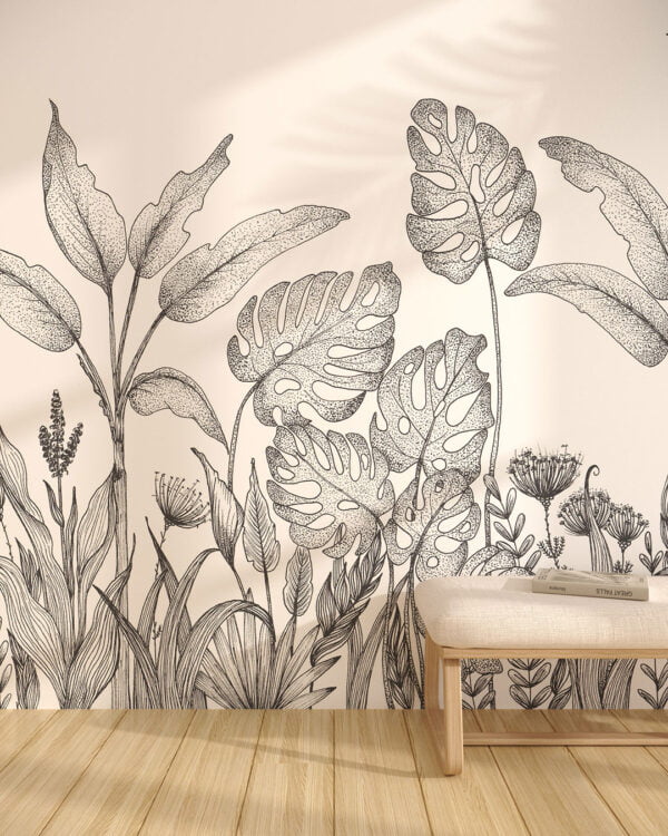 Wall mural for the living room with hand-drawn tropical plants in black and white