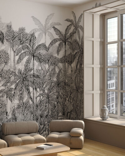Hand-drawn palm trees and tropical trees wall mural in black and white for the living room