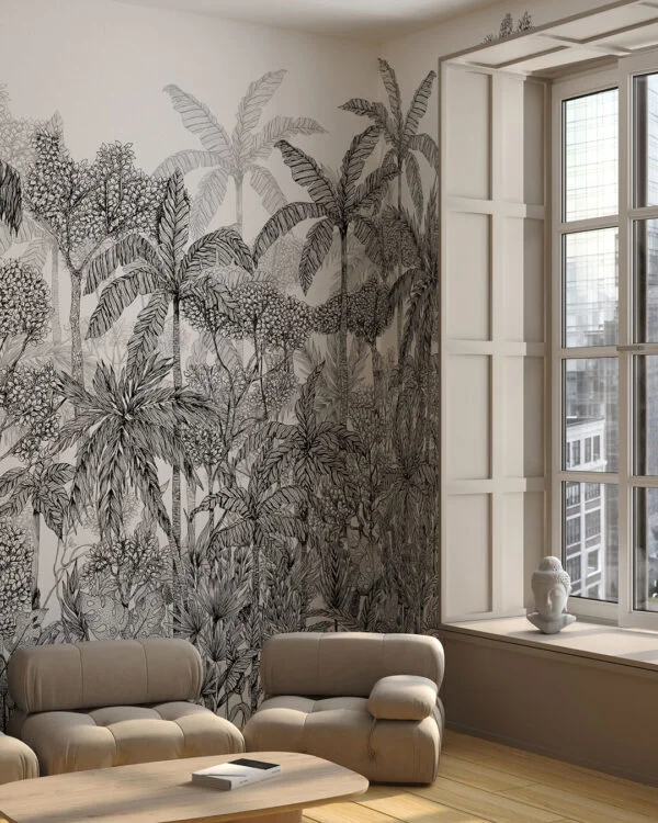 Wall mural for the living room with hand-drawn tropical forest in black and white