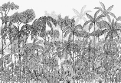 Hand-drawn palm trees and tropical trees wall mural in black and white
