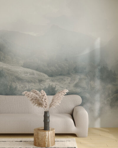 Meadow and mountains in the fog wall mural for the living room