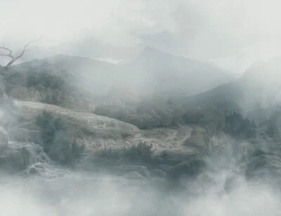 Nature wall mural with meadow and mountains in the blue fog