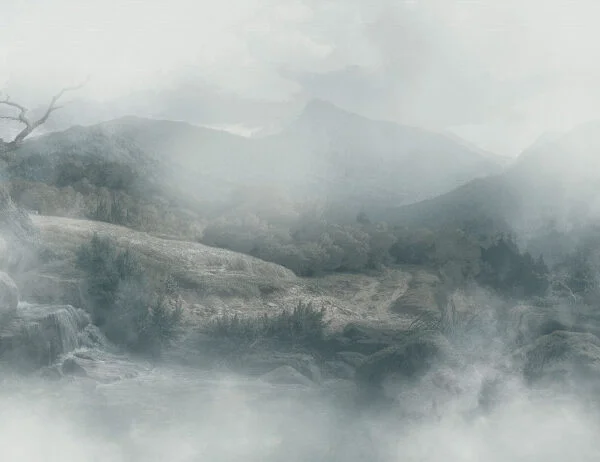 Nature wall mural with meadow and mountains in the blue fog