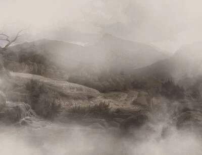 Meadow and mountains in the fog wall mural