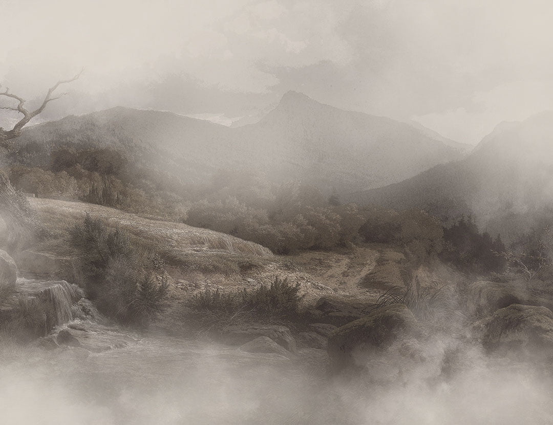 Meadow and mountains in the fog wall mural