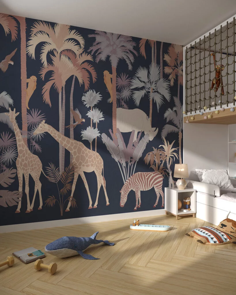 Wall Mural Savannah for a children's room - kith2kin.com Savanna with palm trees, giraffes and monkeys wall mural for a children's room
