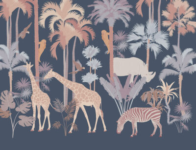 Savanna wall mural with palm trees, giraffes and monkeys on the blue background