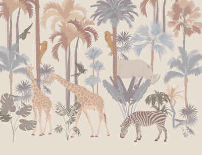 Savanna wall mural with palm trees, giraffes and monkeys on the beige background