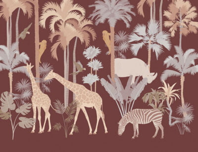 Savanna wall mural with palm trees, giraffes and monkeys on the brown background
