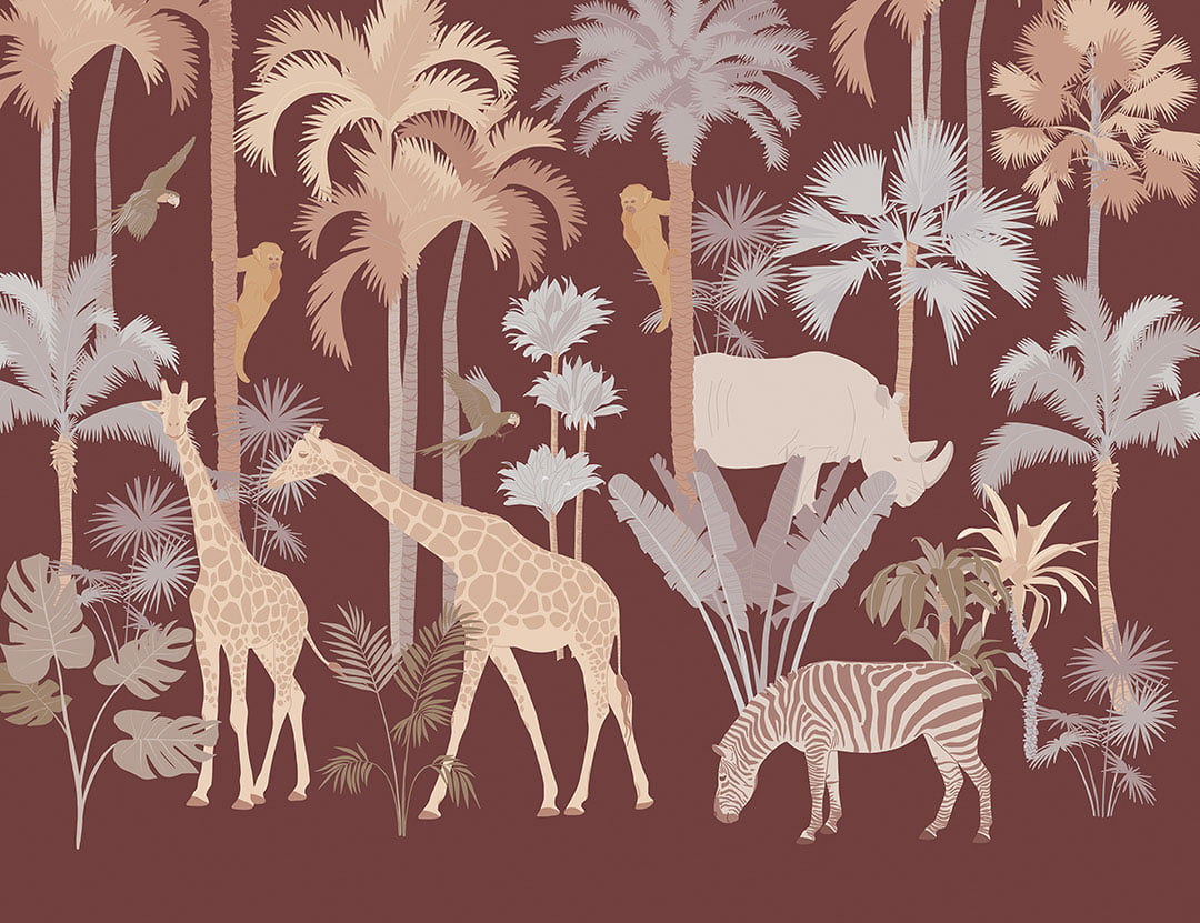 Savanna wall mural with palm trees, giraffes and monkeys on the brown background