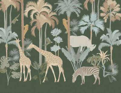Savanna wall mural with palm trees, giraffes and monkeys on the green background