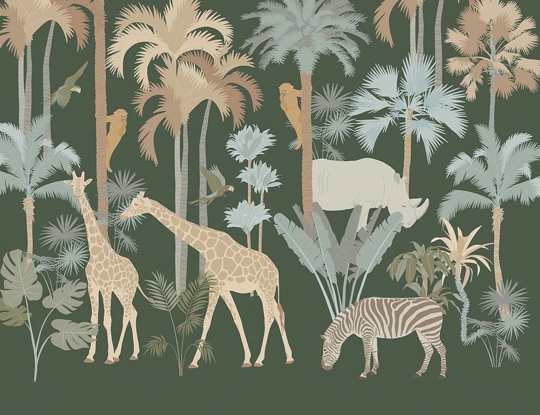 Savanna wall mural with palm trees, giraffes and monkeys on the green background