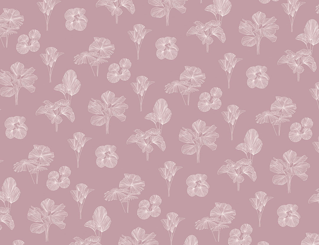 Tender line art leaves patterned wallpaper on the purple background