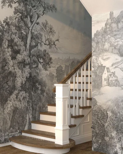 Vintage etching forest and village wall mural for the corridor
