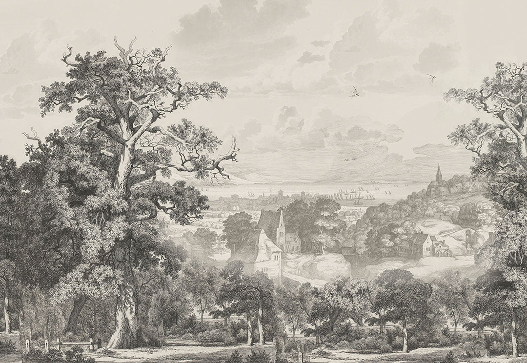 Vintage etching forest and village wall mural