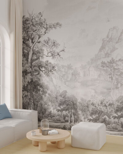 Vintage etching forest and mountains wall mural for the living room