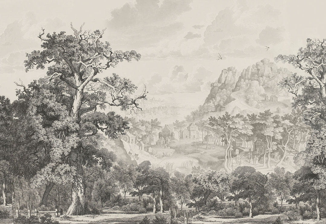 Vintage etching forest and mountains wall mural
