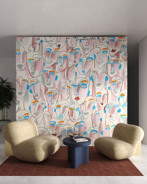 Faces in Expressionism style patterned wallpaper for the living room