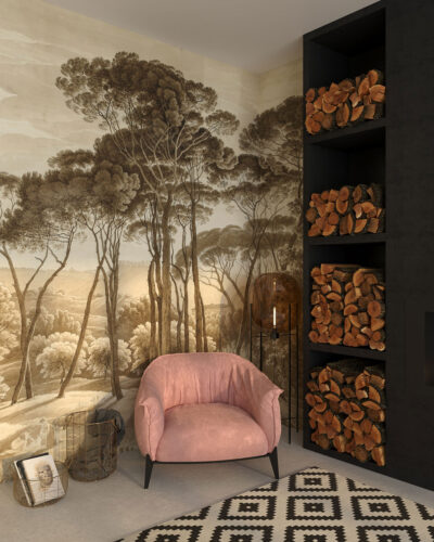 Forest in the fog wall mural for the living room with light touch of sepia