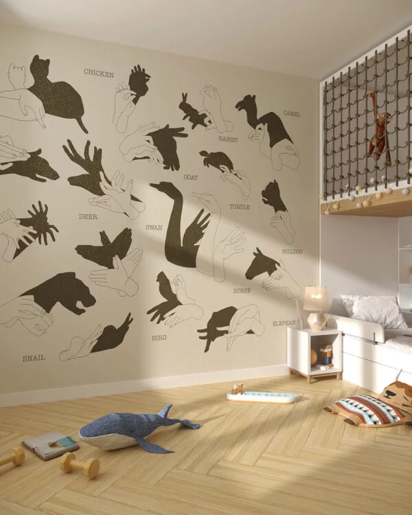 Interactive wall mural for a children's room with hand shadow signs