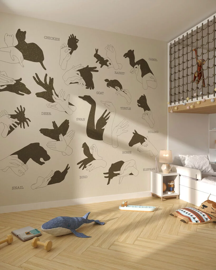 Wall Mural Shadows for a children's room - kith2kin.com Interactive wall mural for a children's room with hand shadow signs