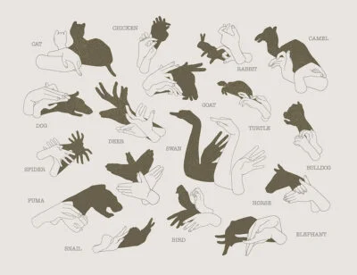 Interactive wall mural with hand shadow signs