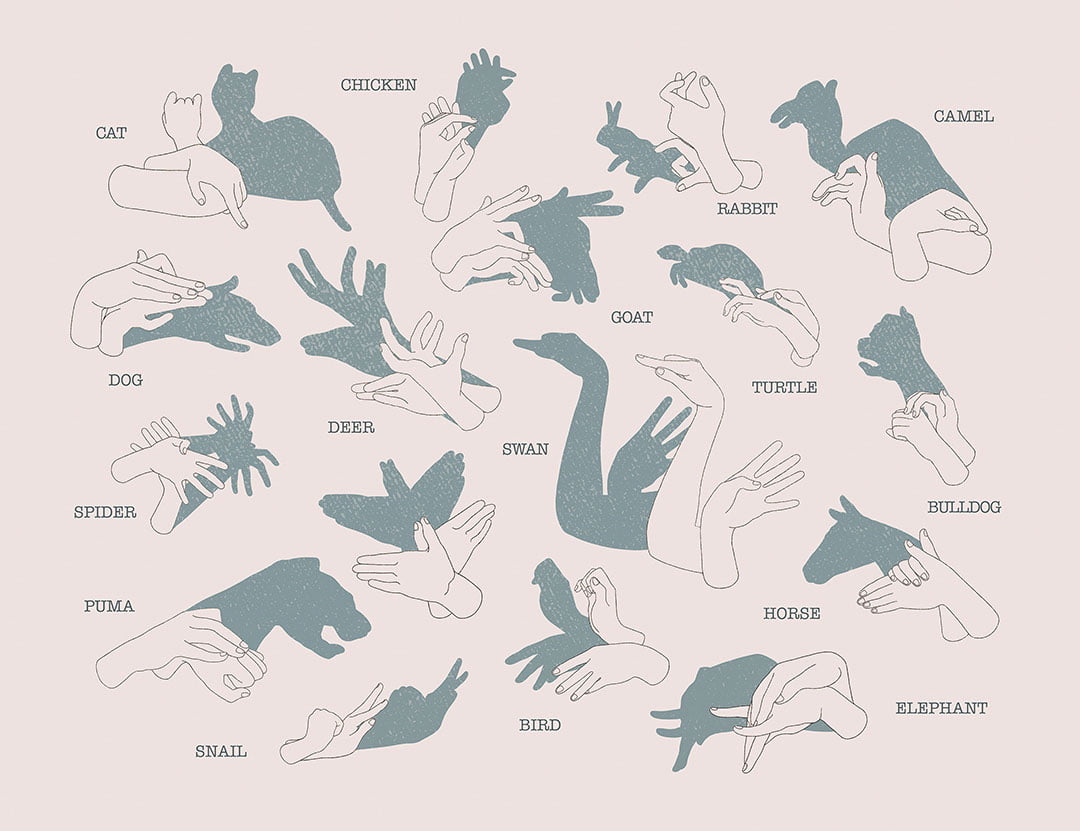 Interactive wall mural with hand shadow signs on pink background