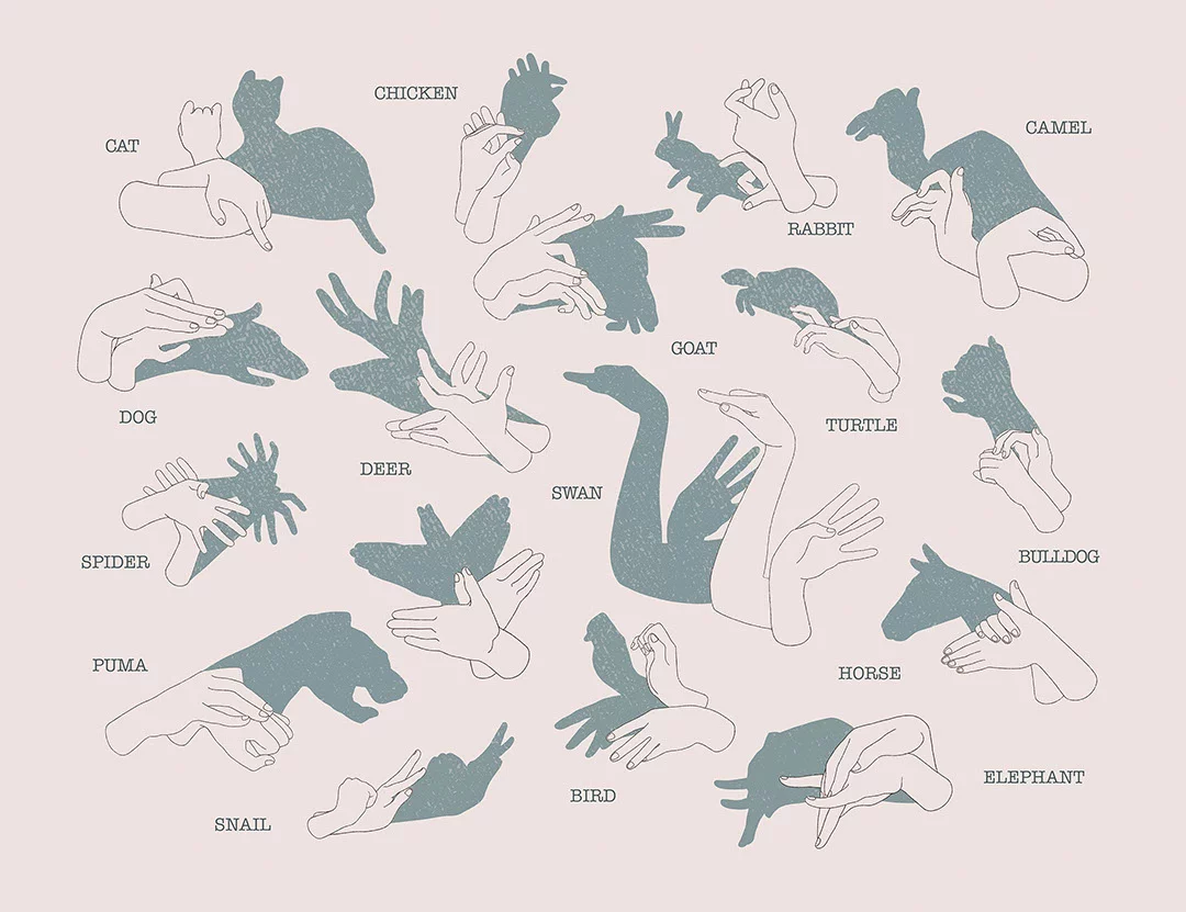 Interactive wall mural with hand shadow signs on pink background
