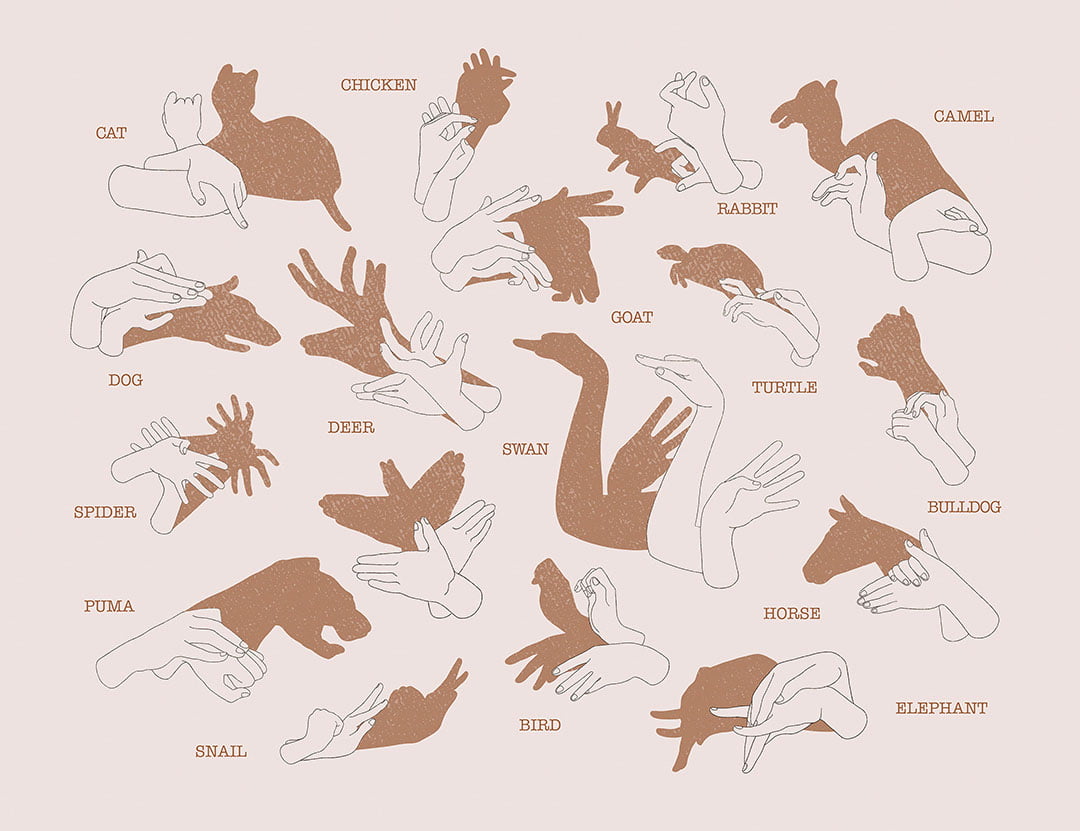 Interactive wall mural with hand shadow signs on peachy background