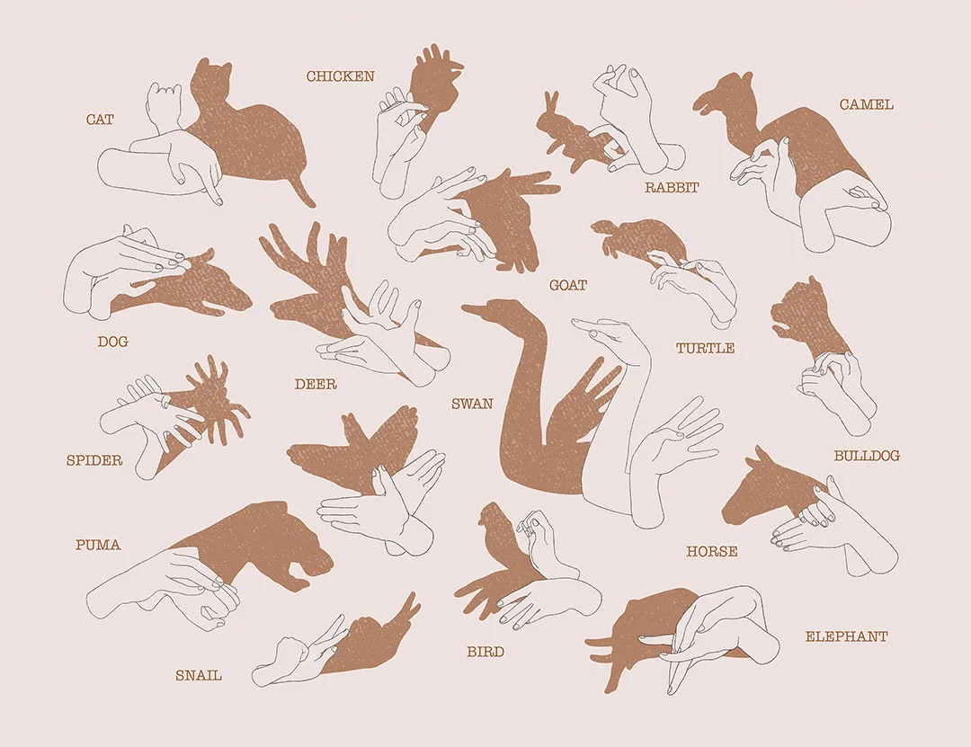 Interactive wall mural with hand shadow signs on peachy background