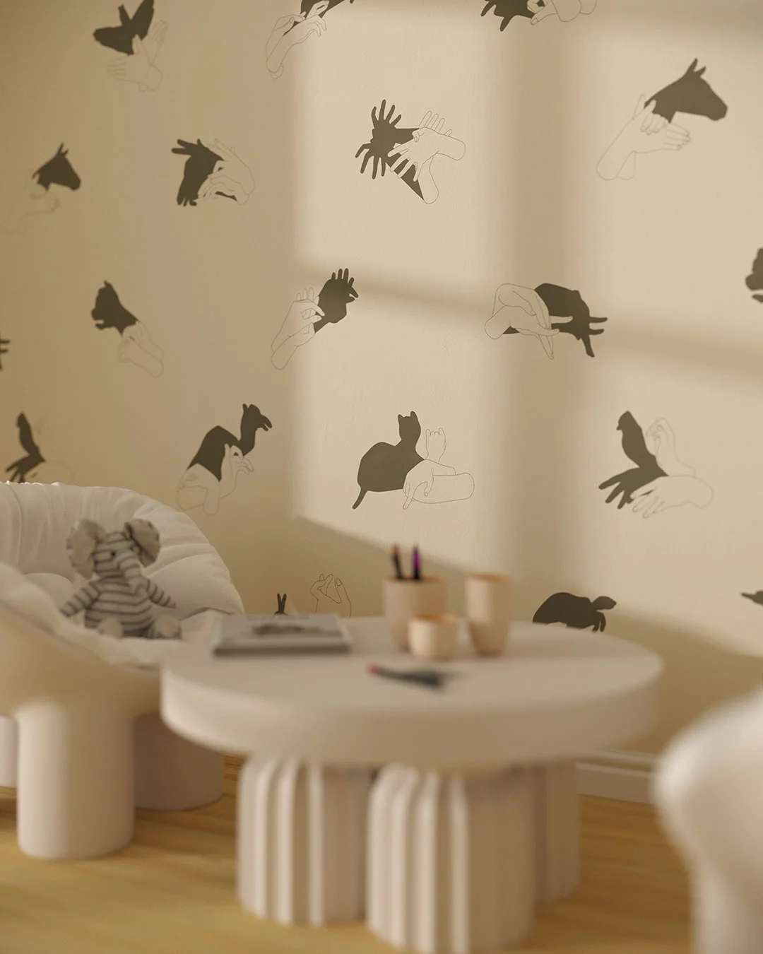 Wall Mural Silhouettes for a children's room - kith2kin.com Patterned interactive wall mural for a children's room with hand shadow signs