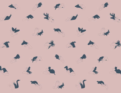 Patterned interactive pink wall mural with hand shadow signs