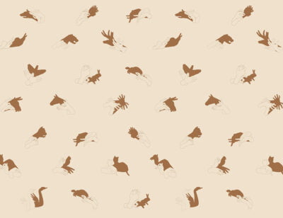 Patterned interactive peachy wall mural with hand shadow signs