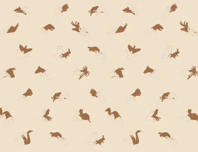 Patterned interactive peachy wall mural with hand shadow signs