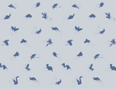 Patterned interactive blue wall mural with hand shadow signs