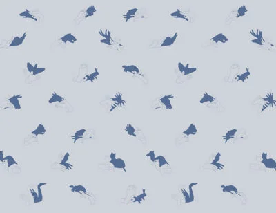 Patterned interactive blue wall mural with hand shadow signs